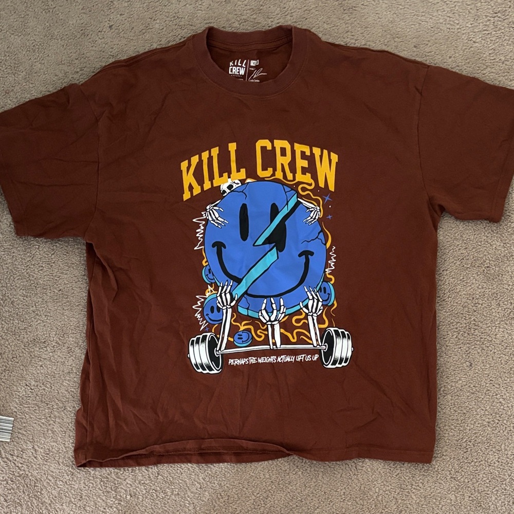 2 for 1- Kill Crew Brown T-Shirt with Blue and Yellow Graphic and beige tee